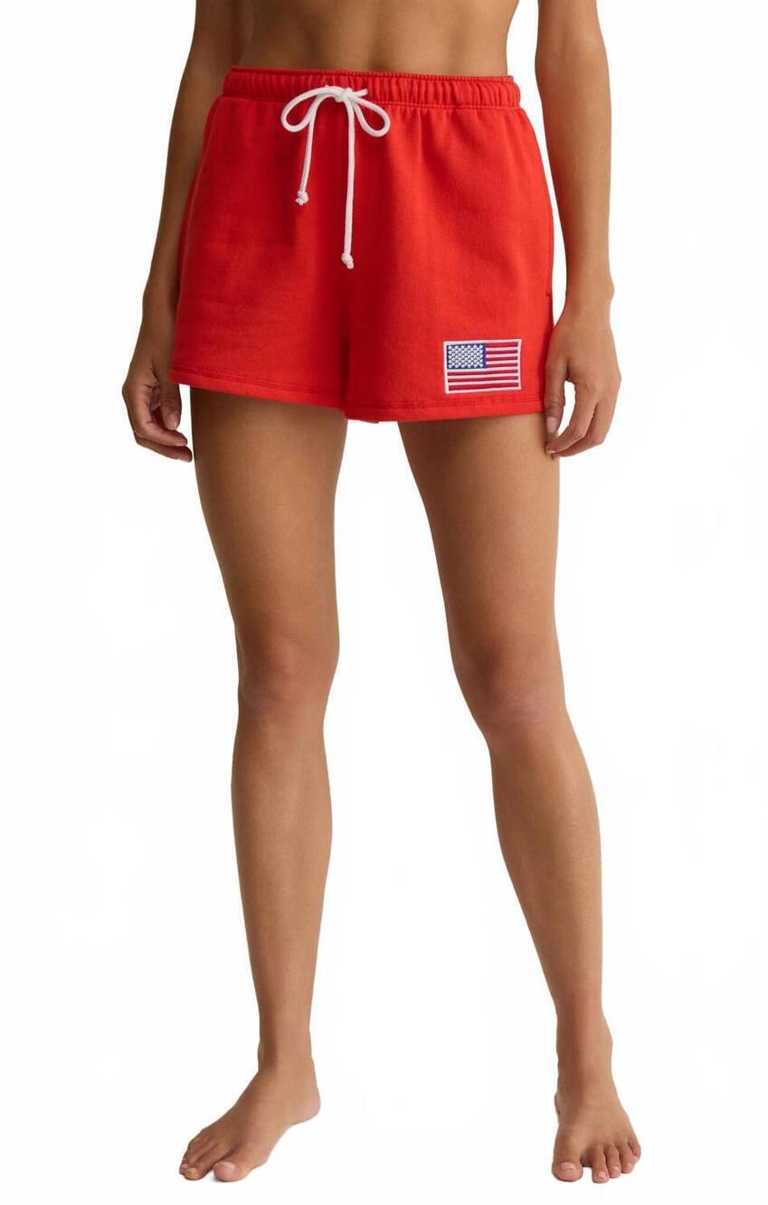 NEW Z SUPPLY liberty lounge american flag fleece shorts in red